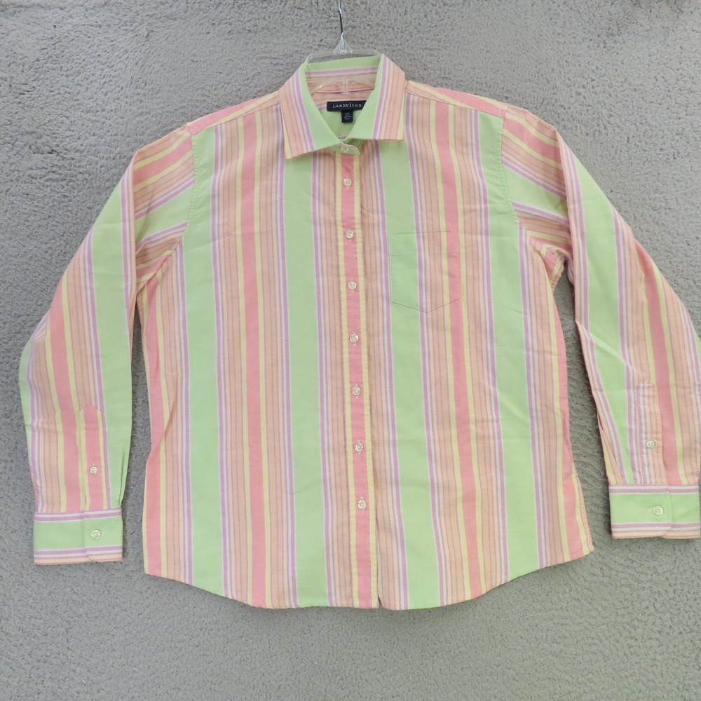Lands End Shirt Womens Medium 10-12 Green Orange Pink Long Sleeve Button Up